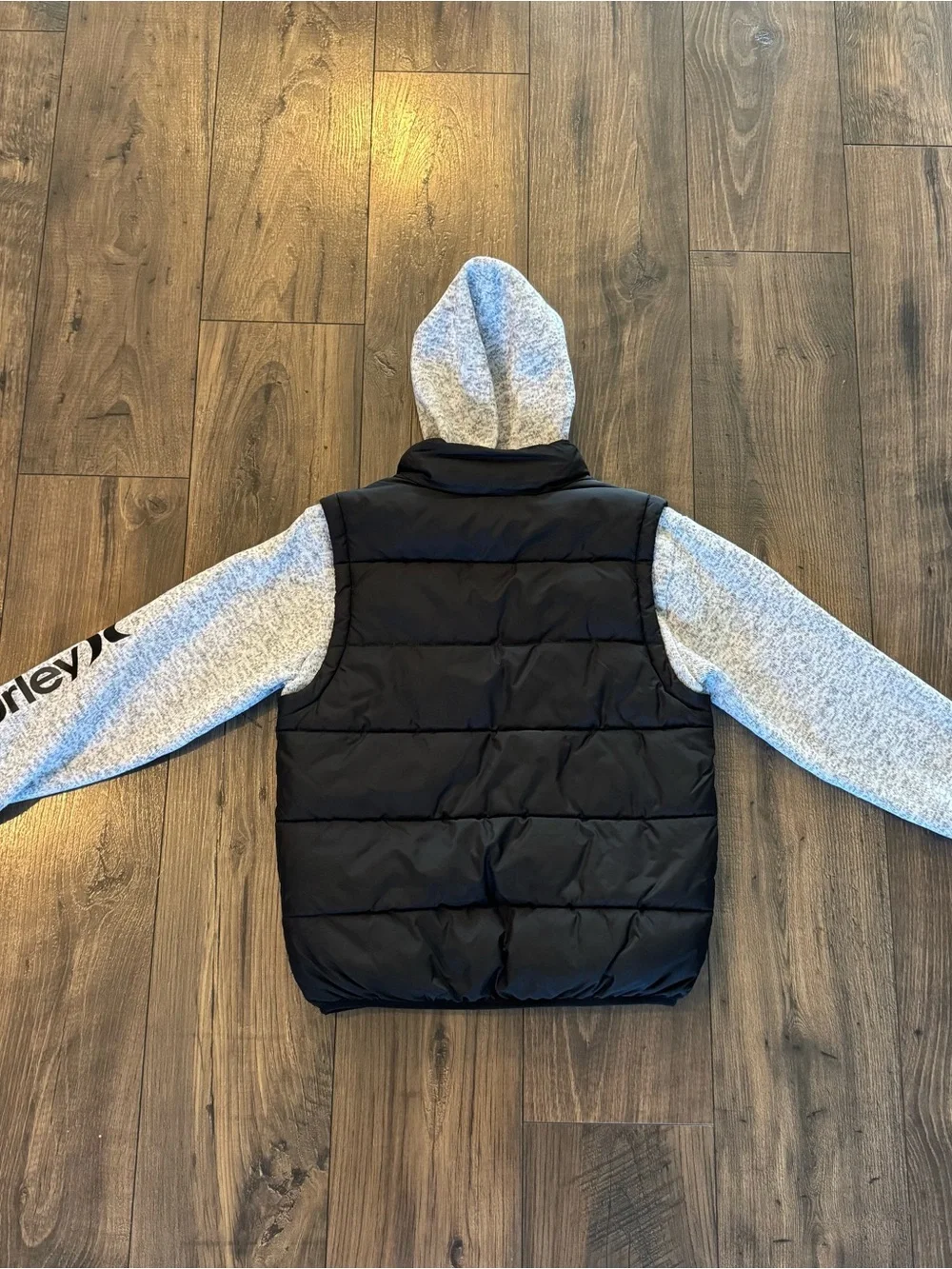 Hurley Black Quilted Vest with Heather Gray Hoodie Sleeves